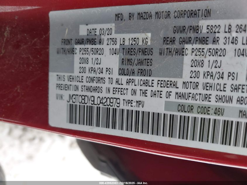 2020 Mazda Cx-9 Grand Touring VIN: JM3TCBDY9L0420979 Lot: 43952383