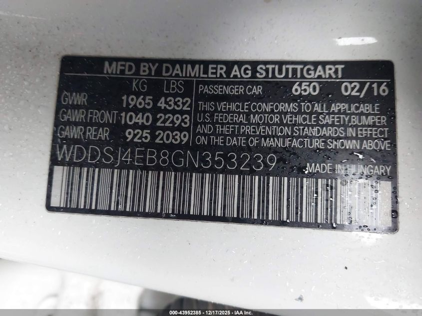 2016 Mercedes-Benz Cla 250 VIN: WDDSJ4EB8GN353239 Lot: 43952385