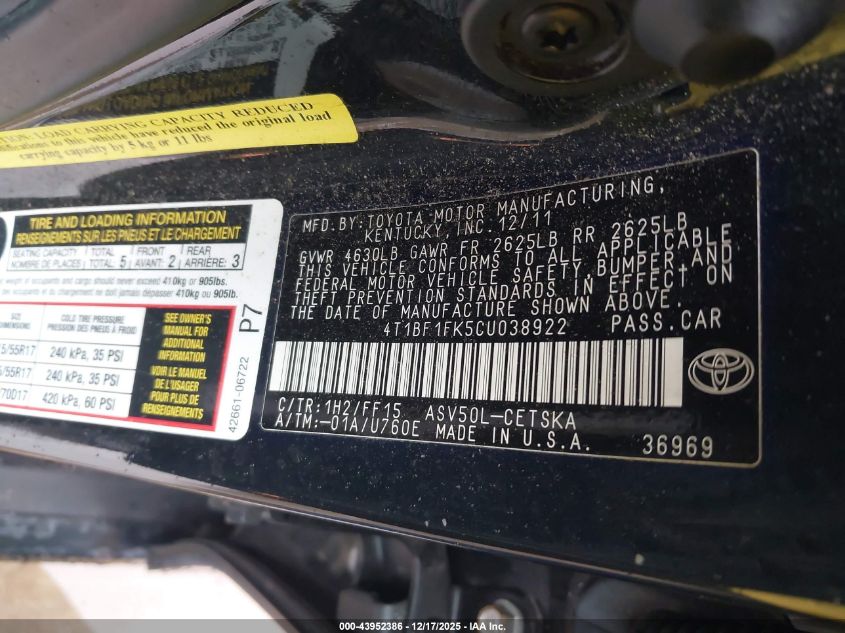 2012 Toyota Camry Se VIN: 4T1BF1FK5CU038922 Lot: 43952386