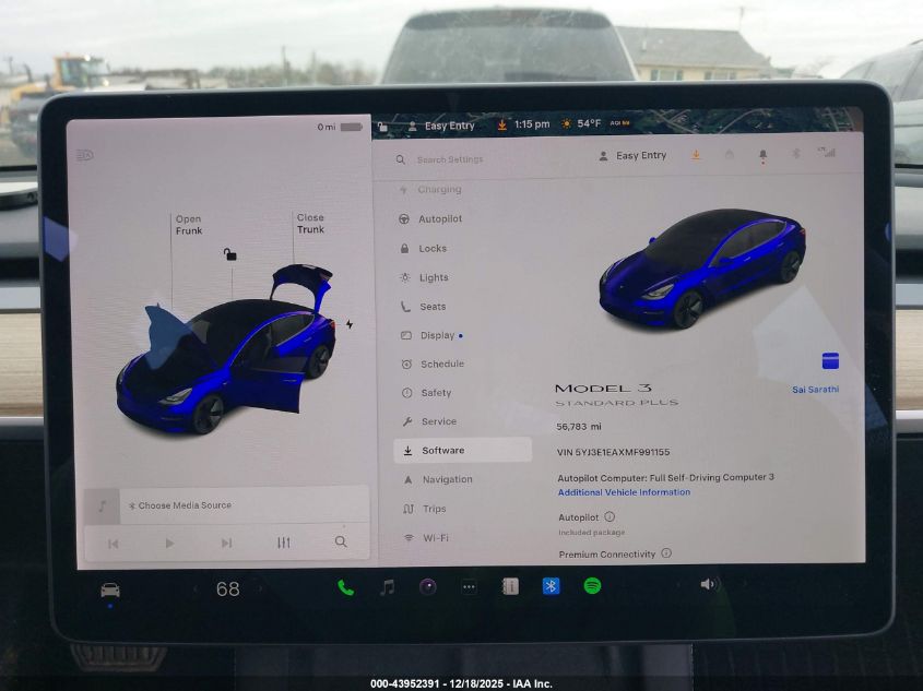 2021 Tesla Model 3 Standard Range Plus Rear-Wheel Drive VIN: 5YJ3E1EAXMF991155 Lot: 43952391