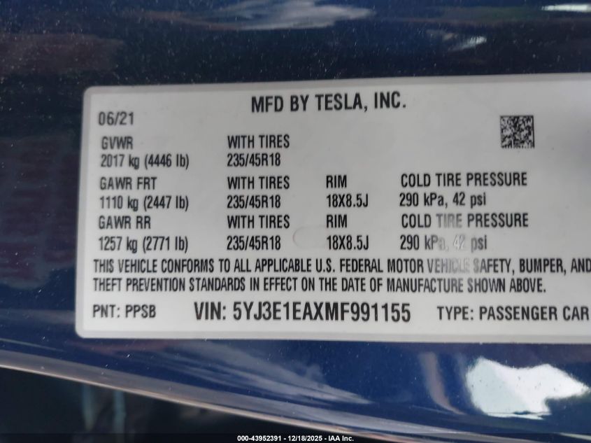 2021 Tesla Model 3 Standard Range Plus Rear-Wheel Drive VIN: 5YJ3E1EAXMF991155 Lot: 43952391