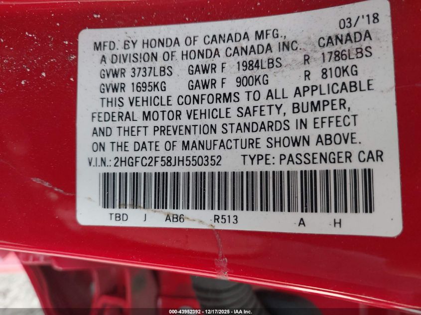 2018 Honda Civic Lx VIN: 2HGFC2F58JH550352 Lot: 43952392