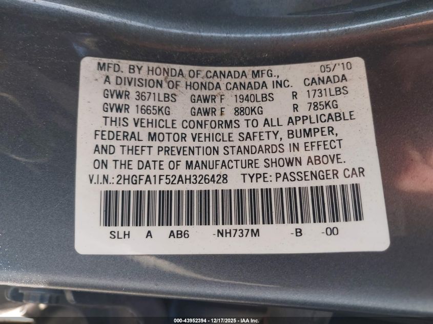 2010 Honda Civic Lx VIN: 2HGFA1F52AH326428 Lot: 43952394