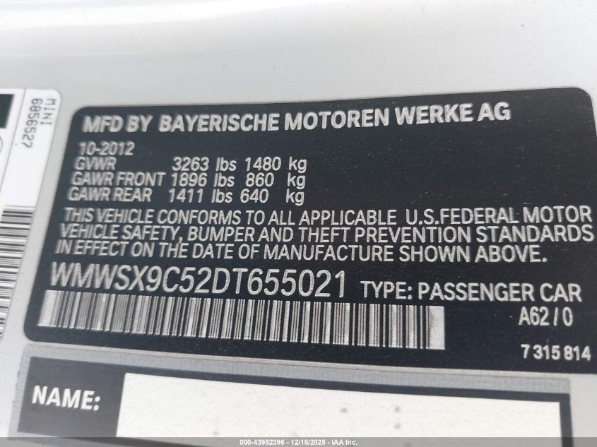 2013 Mini Coupe John Cooper Works VIN: WMWSX9C52DT655021 Lot: 43952396