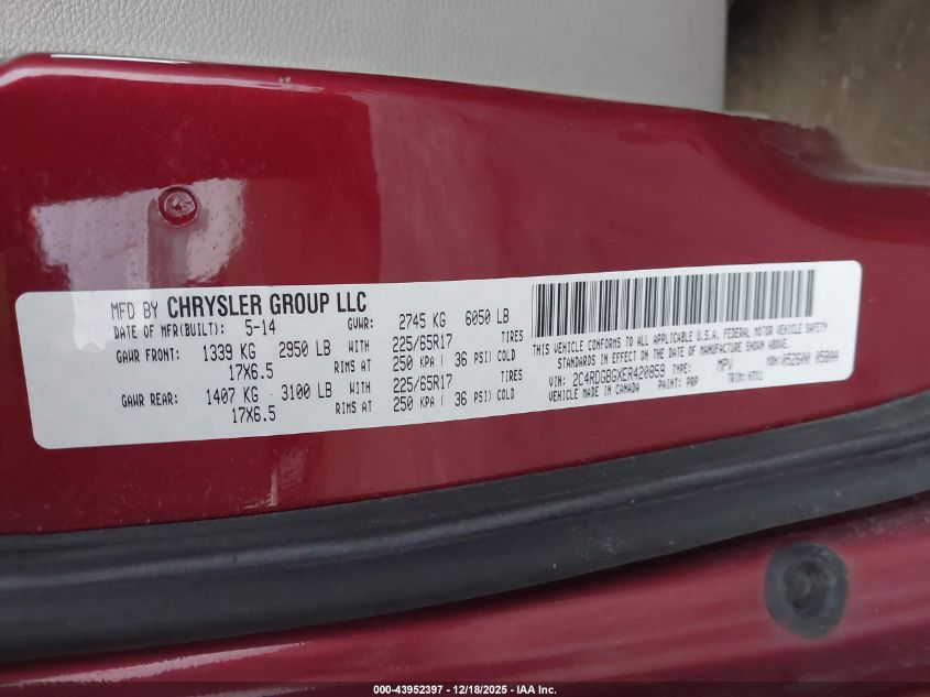 2014 Dodge Grand Caravan American Value Pkg VIN: 2C4RDGBGXER420859 Lot: 43952397