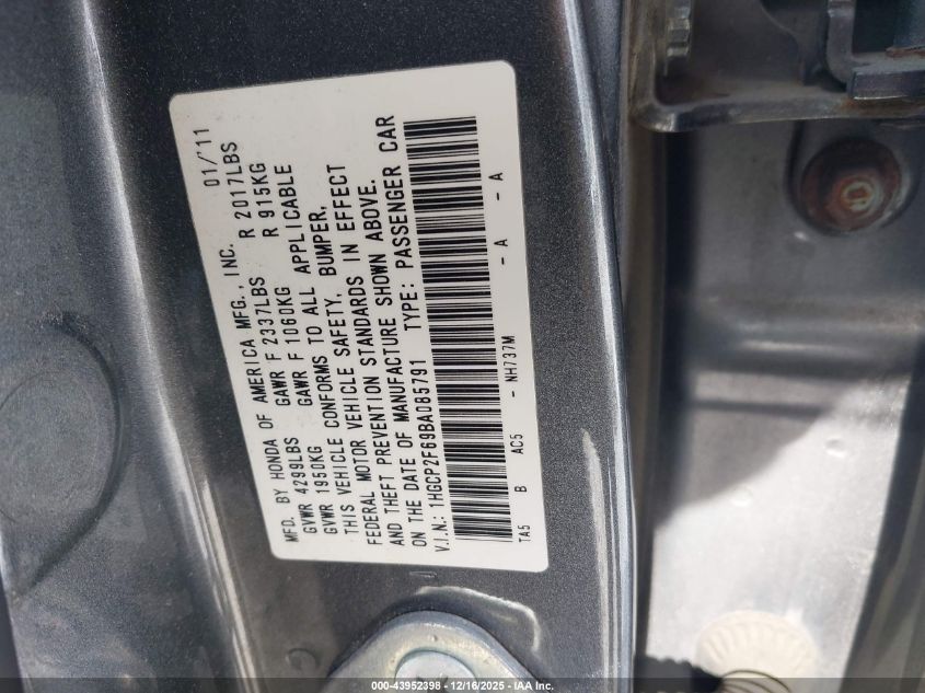 2011 Honda Accord 2.4 Se VIN: 1HGCP2F69BA085791 Lot: 43952398