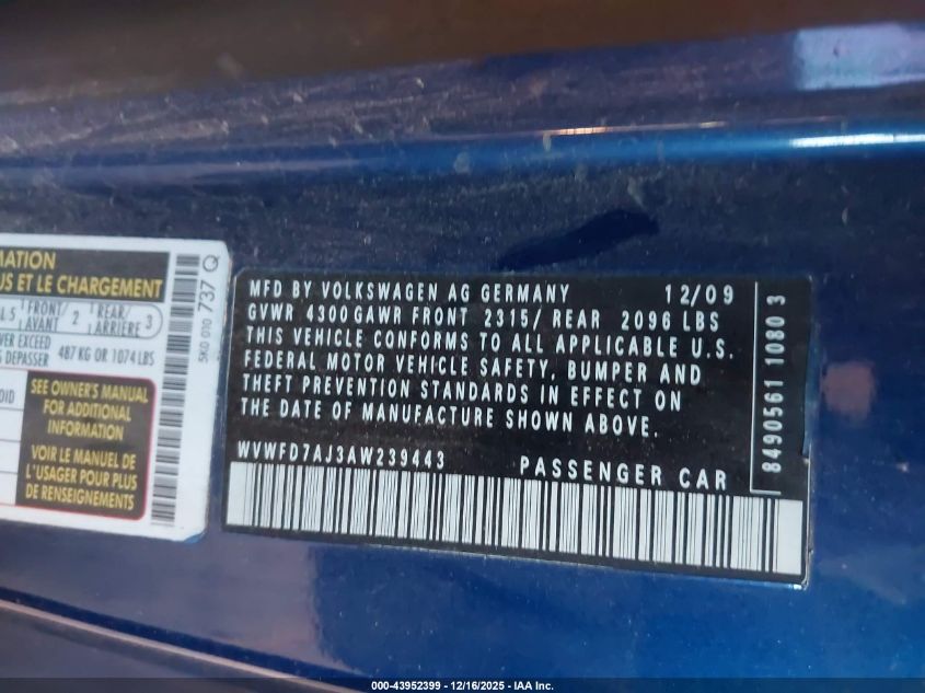 2010 Volkswagen Gti 2-Door VIN: WVWFD7AJ3AW239443 Lot: 43952399