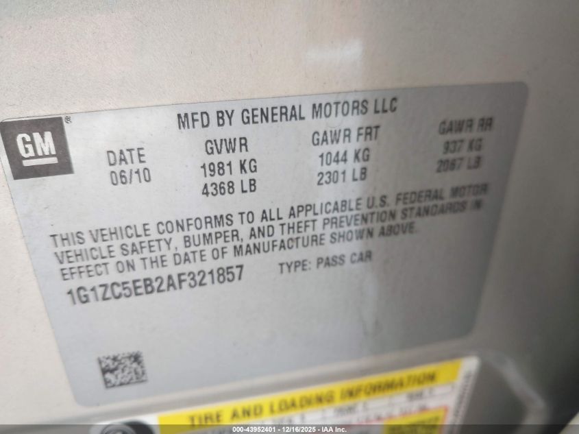 2010 Chevrolet Malibu Lt VIN: 1G1ZC5EB2AF321857 Lot: 43952401