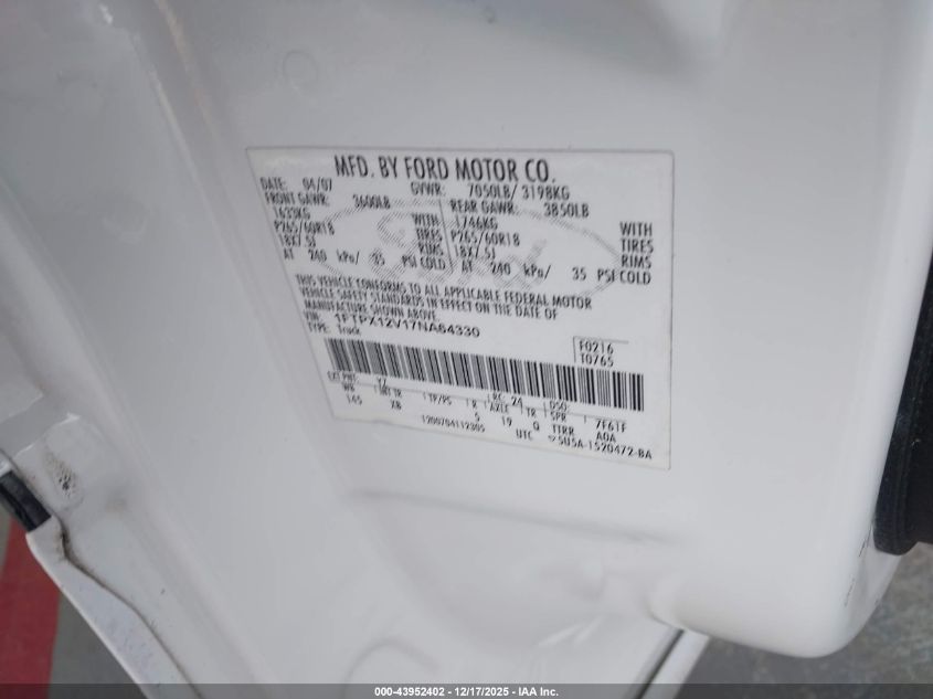 2007 Ford F-150 Lariat/Stx/Xl/Xlt VIN: 1FTPX12V17NA64330 Lot: 43952402