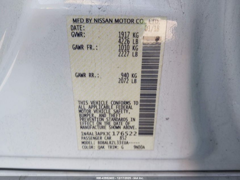 2018 Nissan Altima 2.5 Sl VIN: 1N4AL3APXJC176522 Lot: 43952403