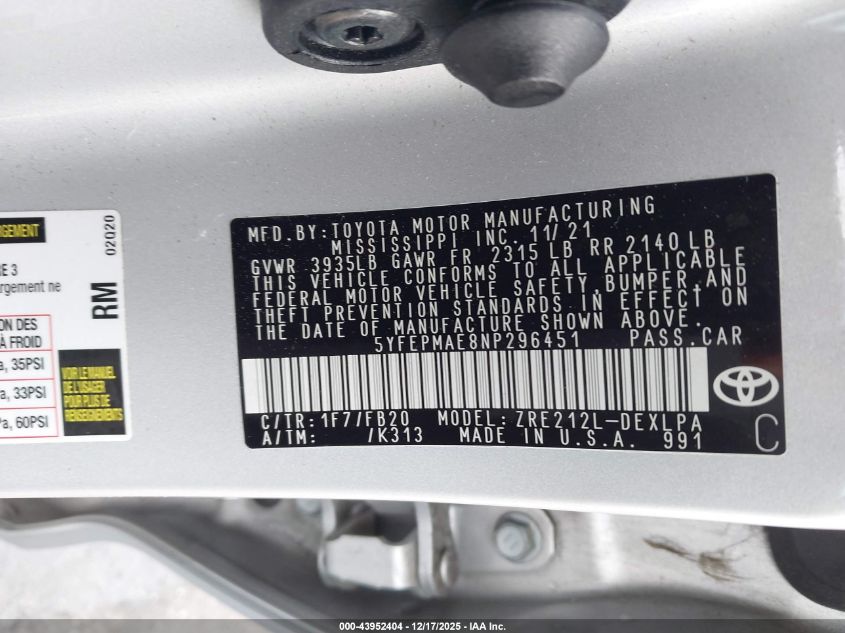 2022 Toyota Corolla Le VIN: 5YFEPMAE8NP296451 Lot: 43952404