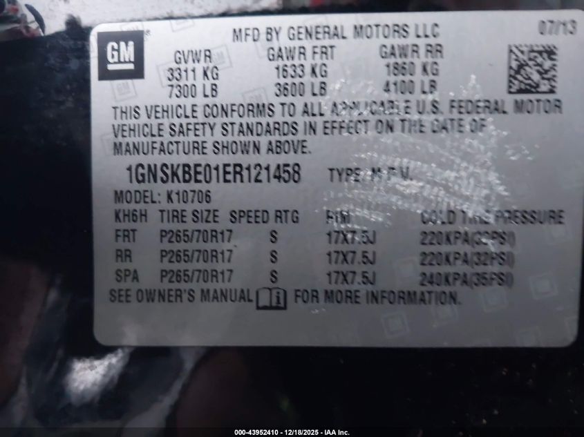 2014 Chevrolet Tahoe Lt VIN: 1GNSKBE01ER121458 Lot: 43952410