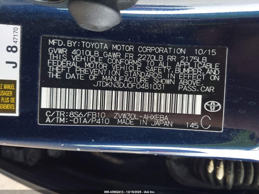 2015 Toyota Prius Two VIN: JTDKN3DU0F0481031 Lot: 43952413
