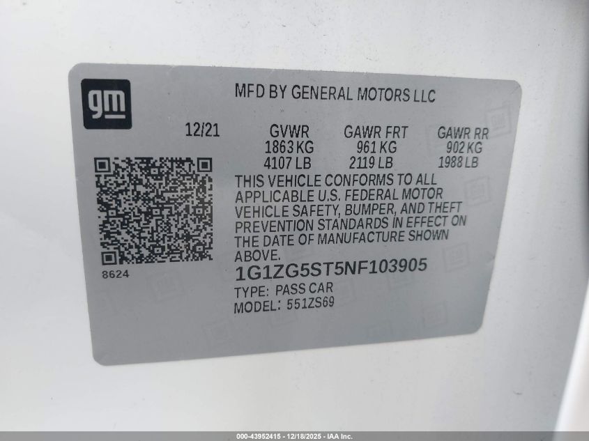 2022 Chevrolet Malibu Fwd Rs VIN: 1G1ZG5ST5NF103905 Lot: 43952415