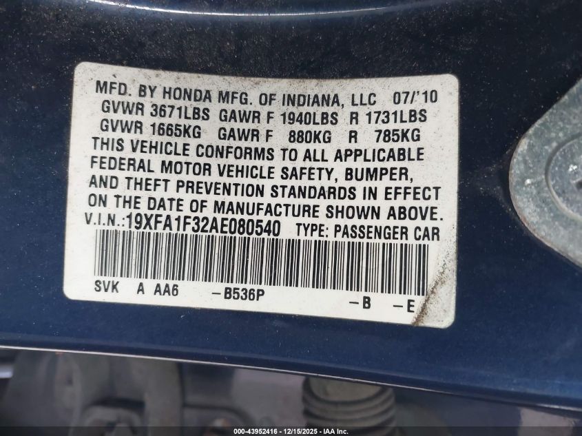 2010 Honda Civic Vp VIN: 19XFA1F32AE080540 Lot: 43952416