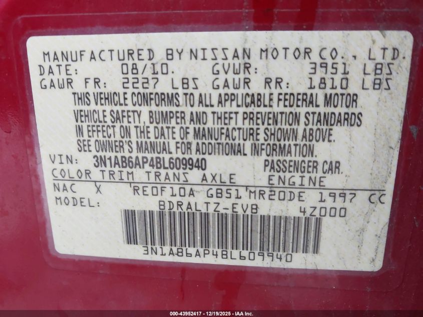 2011 Nissan Sentra 2.0S VIN: 3N1AB6AP4BL609940 Lot: 43952417