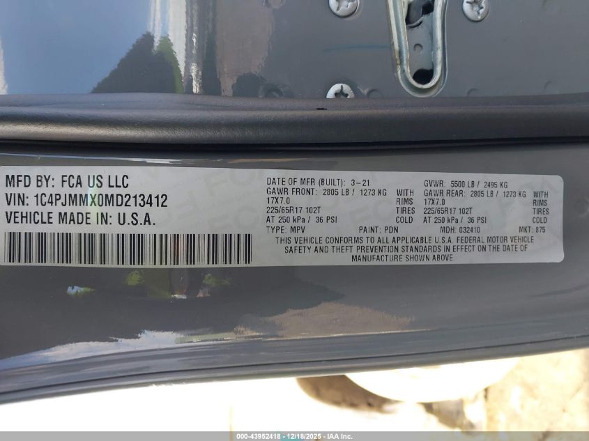 2021 Jeep Cherokee Latitude Lux 4X4 VIN: 1C4PJMMX0MD213412 Lot: 43952418