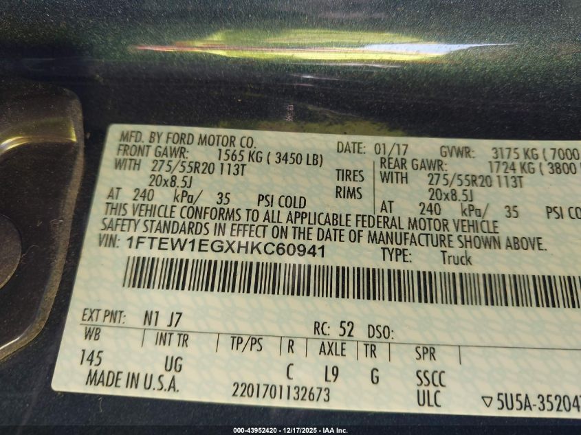2017 Ford F-150 Xlt VIN: 1FTEW1EGXHKC60941 Lot: 43952420
