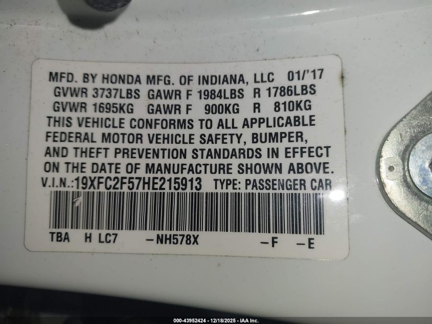 2017 Honda Civic Lx VIN: 19XFC2F57HE215913 Lot: 43952424