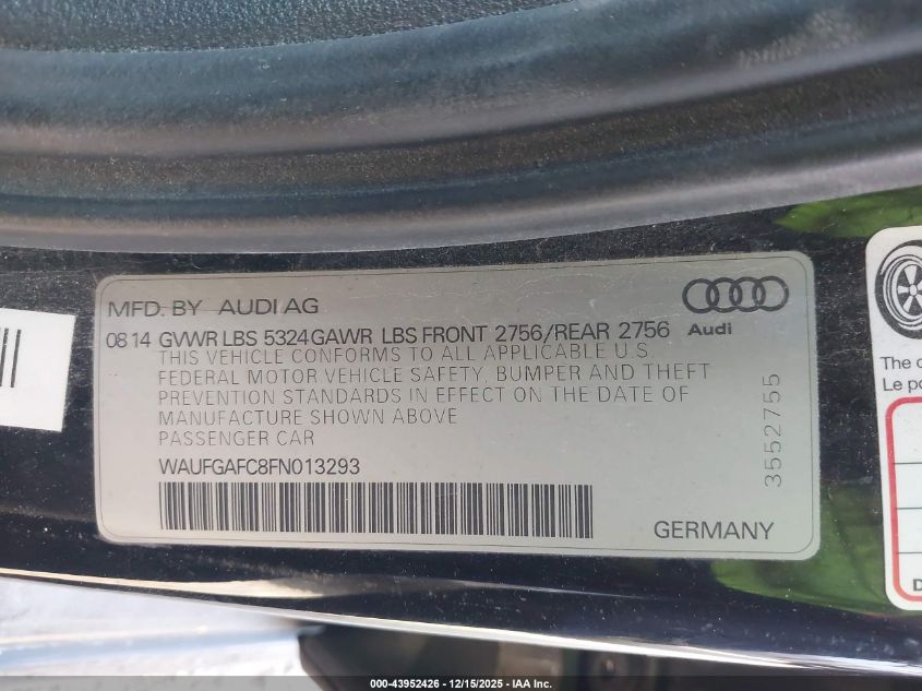 2015 Audi A6 3.0T Premium Plus VIN: WAUFGAFC8FN013293 Lot: 43952426