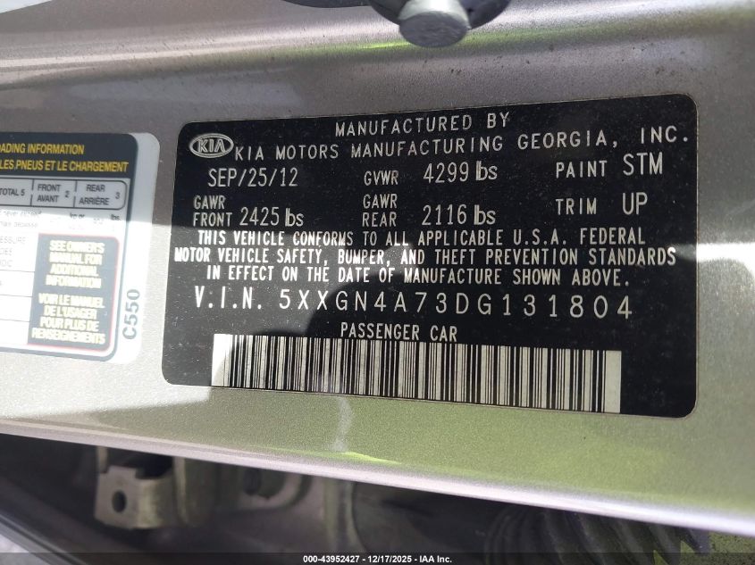 2013 Kia Optima Ex VIN: 5XXGN4A73DG131804 Lot: 43952427