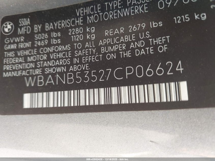 2007 BMW 550I VIN: WBANB53527CP06624 Lot: 43952428