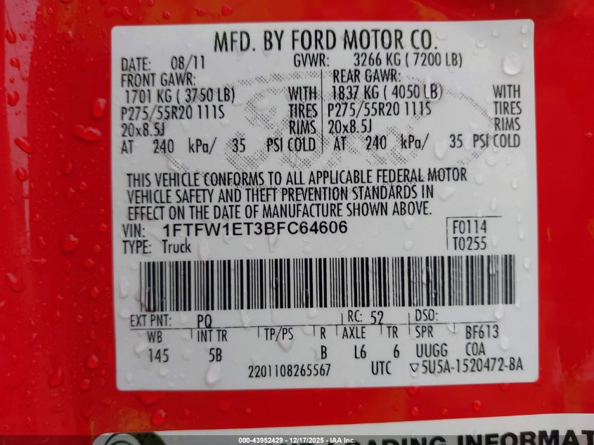 2011 Ford F-150 Fx4 VIN: 1FTFW1ET3BFC64606 Lot: 43952429