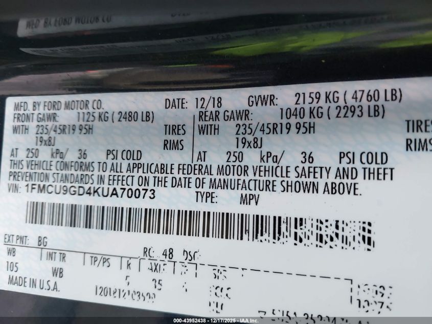 2019 Ford Escape Se VIN: 1FMCU9GD4KUA70073 Lot: 43952438