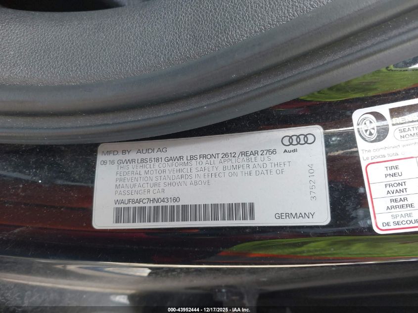 2017 Audi A6 2.0T Premium VIN: WAUF8AFC7HN043160 Lot: 43952444