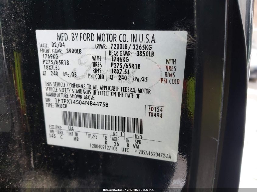 2004 Ford F-150 Fx4/Lariat/Xl/Xlt VIN: 1FTPX14504NB44758 Lot: 43952446