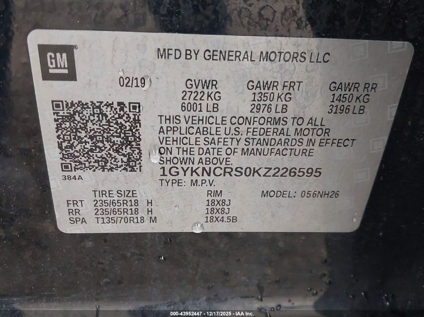 2019 Cadillac Xt5 Luxury VIN: 1GYKNCRS0KZ226595 Lot: 43952447