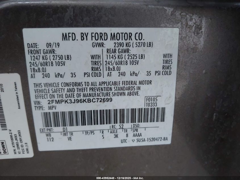 2019 Ford Edge Sel VIN: 2FMPK3J96KBC72699 Lot: 43952448