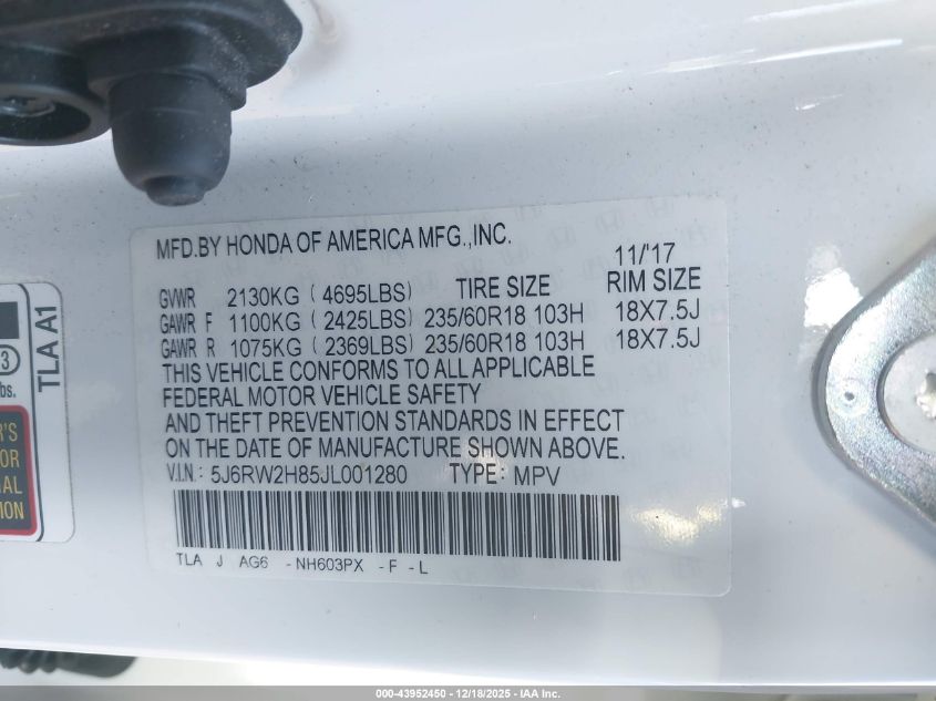 2018 Honda Cr-V Ex-L/Ex-L Navi VIN: 5J6RW2H85JL001280 Lot: 43952450