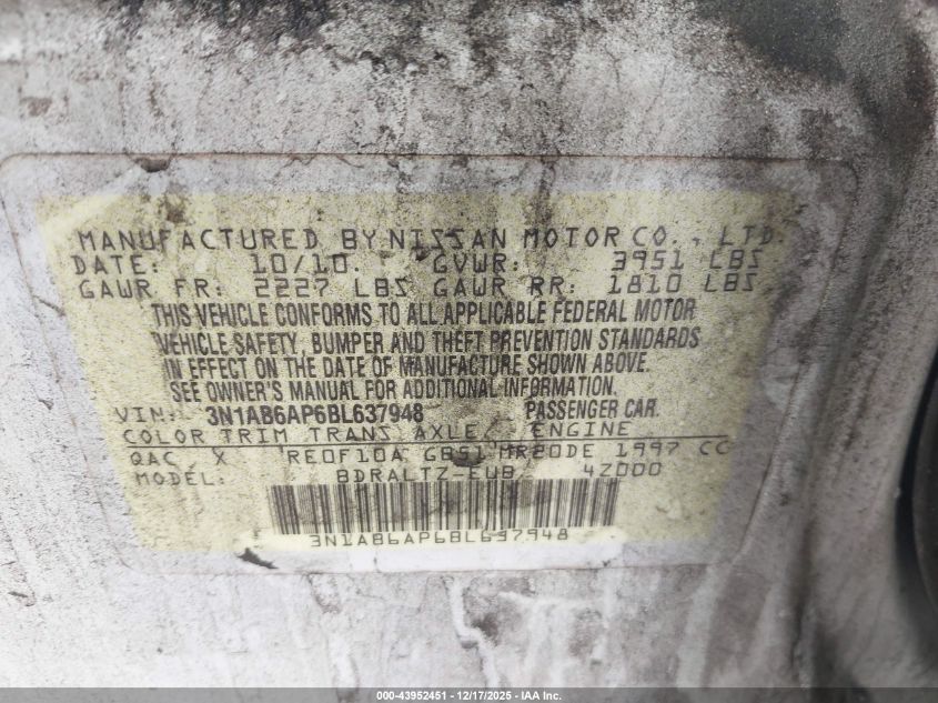 2011 Nissan Sentra 2.0Sr VIN: 3N1AB6AP6BL637948 Lot: 43952451