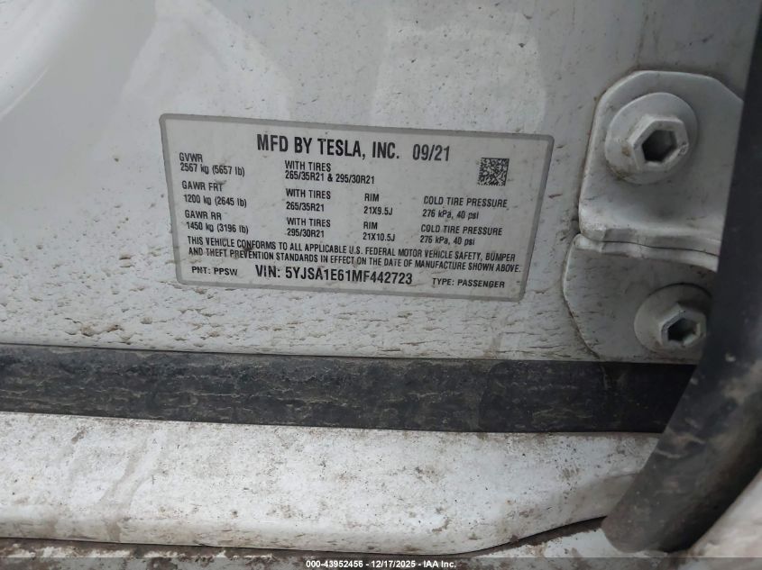 2021 Tesla Model S Plaid Tri Motor All-Wheel Drive VIN: 5YJSA1E61MF442723 Lot: 43952456