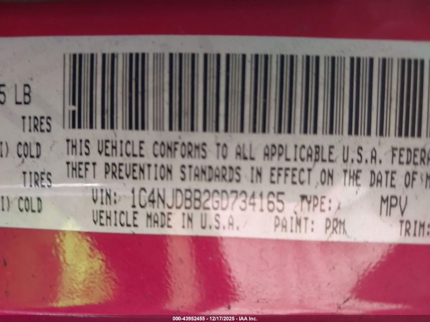 2016 Jeep Compass Sport Se VIN: 1C4NJDBB2GD734165 Lot: 43952455