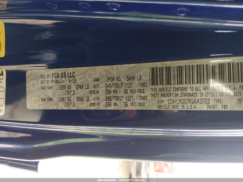 2019 Jeep Wrangler Unlimited Sport S 4X4 VIN: 1C4HJXDG7KW643722 Lot: 43952460