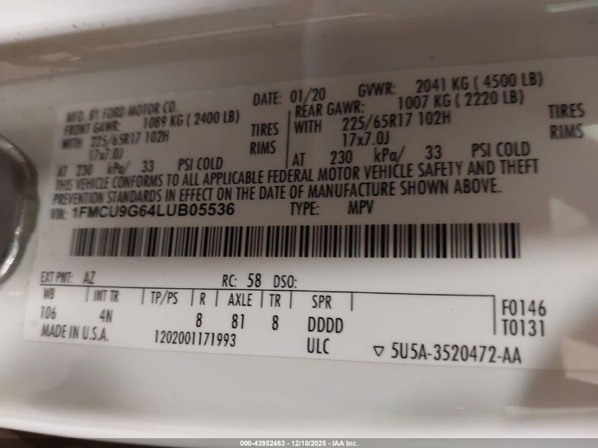 2020 Ford Escape Se VIN: 1FMCU9G64LUB05536 Lot: 43952463