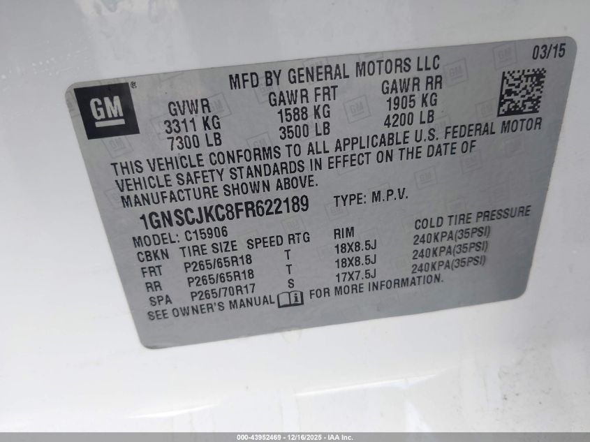 2015 Chevrolet Suburban 1500 Lt VIN: 1GNSCJKC8FR622189 Lot: 43952469