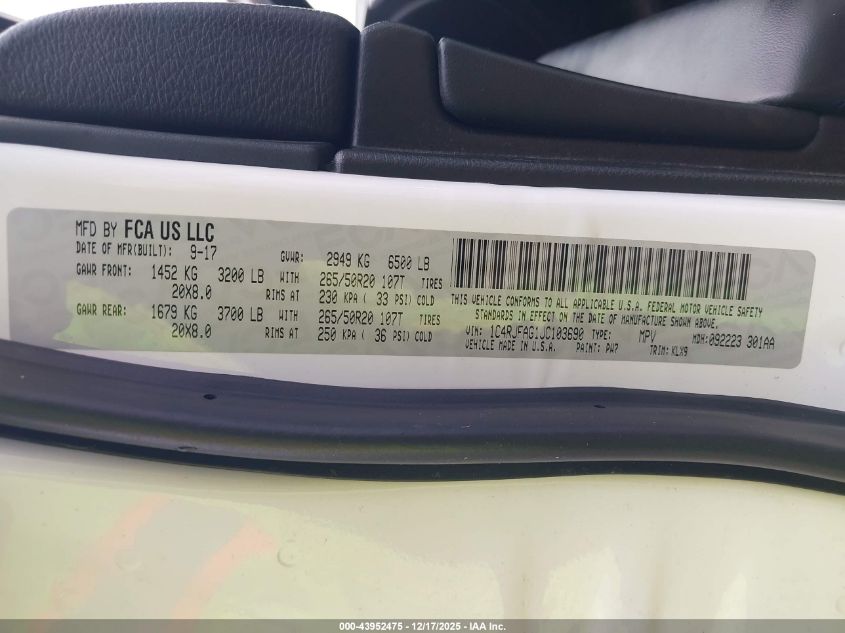 2018 Jeep Grand Cherokee Altitude 4X4 VIN: 1C4RJFAG1JC103690 Lot: 43952475