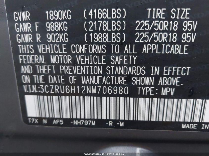 2022 Honda Hr-V Awd Sport VIN: 3CZRU6H12NM706980 Lot: 43952478