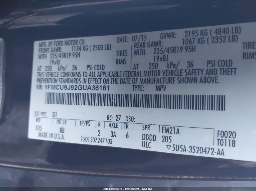 2016 Ford Escape Titanium VIN: 1FMCU9J92GUA36161 Lot: 43952482