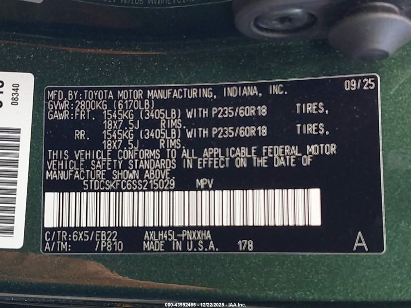 2025 Toyota Sienna Woodland Edition VIN: 5TDCSKFC6SS215029 Lot: 43952486