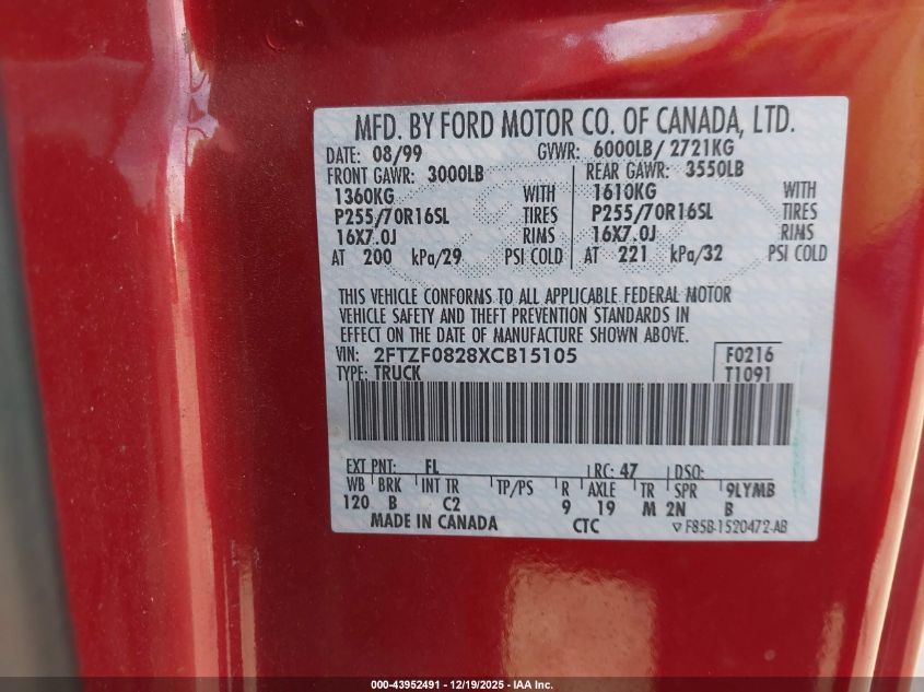 1999 Ford F-150 Xl/Xlt VIN: 2FTZF0828XCB15105 Lot: 43952491