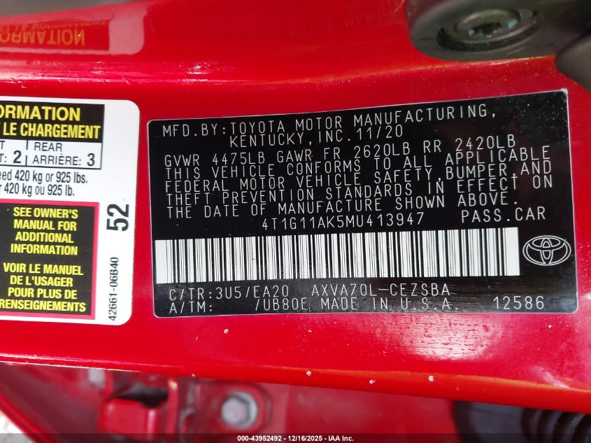 2021 Toyota Camry Se VIN: 4T1G11AK5MU413947 Lot: 43952492