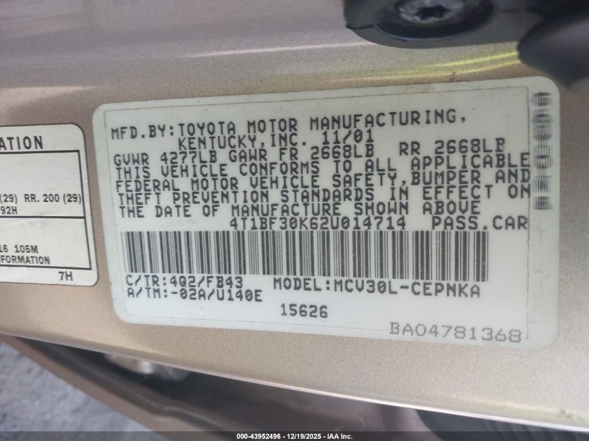 2002 Toyota Camry Le V6 VIN: 4T1BF30K62U014714 Lot: 43952496