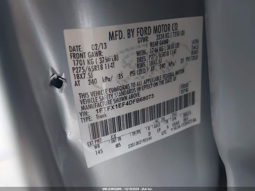 2013 Ford F-150 Xlt VIN: 1FTFX1EF4DFB68073 Lot: 43952498