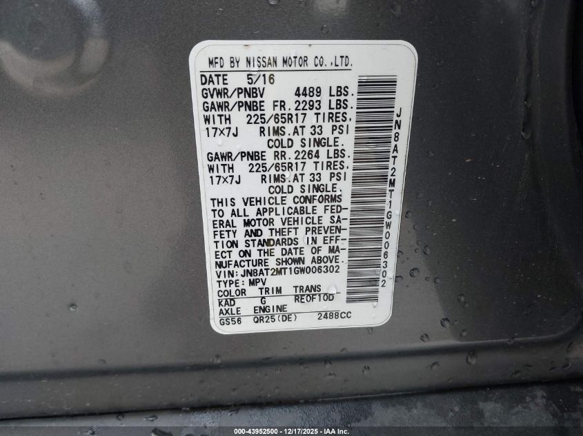 2016 Nissan Rogue S VIN: JN8AT2MT1GW006302 Lot: 43952500