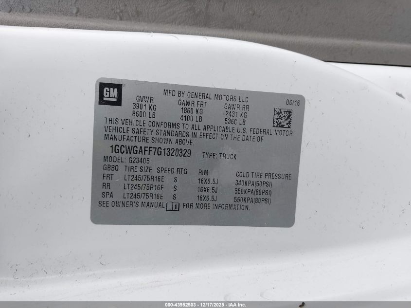 2016 Chevrolet Express 2500 Work Van VIN: 1GCWGAFF7G1320329 Lot: 43952503