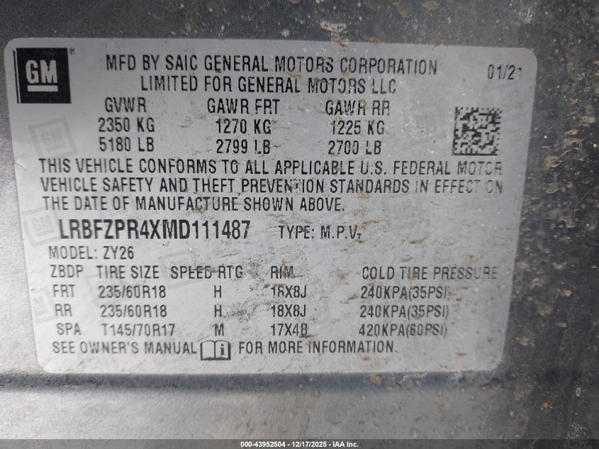 2021 Buick Envision Awd Essence VIN: LRBFZPR4XMD111487 Lot: 43952504